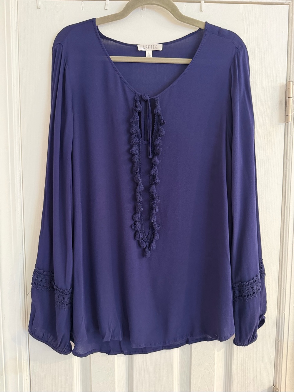 Spense Purple Blue Boho Peasant Blouse Crochet Trim Tie Front Size L